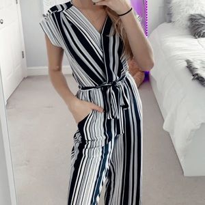 navy and white striped JUMPSUIT